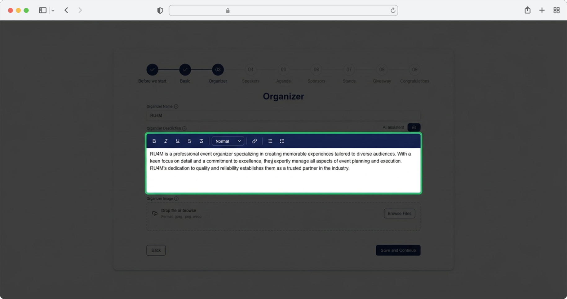 Generate a professional organizer bio with AI