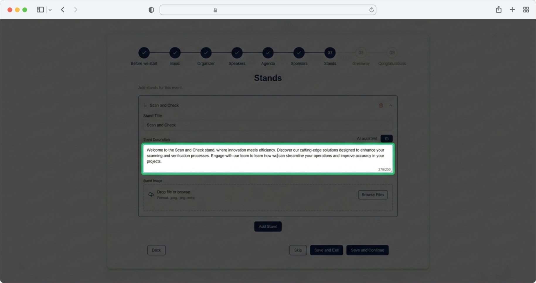 Enter a stand description manually or click the AI assistant icon to generate one